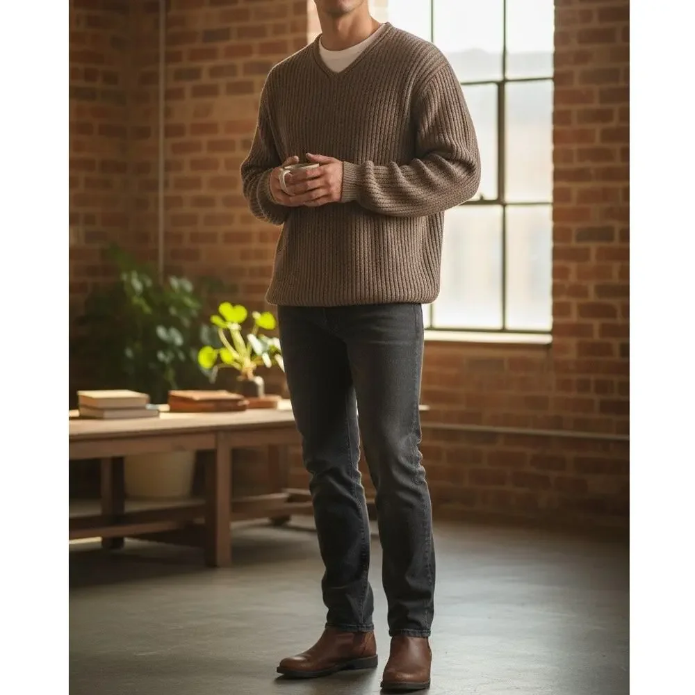 J. Crew Men's Ribbed V‑Neck Sweater in Heathered Brown